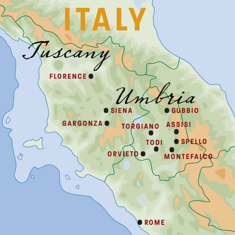 Map comparing Umbria and Tuscany locations and prices